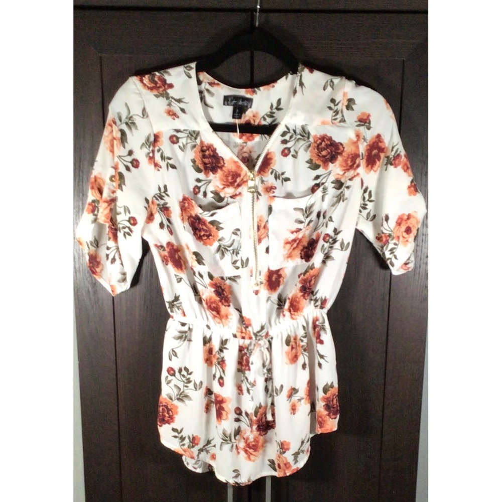 J for Justify Floral Zip Front Blouse White Orange Rose Drawstring Waist Small